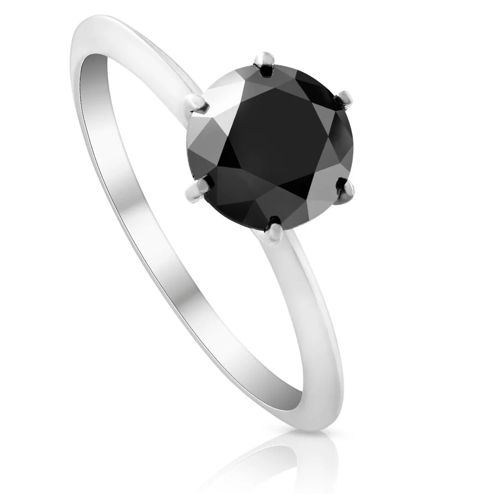 1 1/2 Ct Black Diamond Solitaire Engagement Ring 14k White Gold