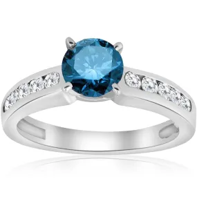 1 1/2 ct Blue Diamond Engagement Ring 14K White Gold Channel Set