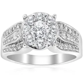 1 1/2ct Diamond Halo Engagement Ring Wide 3-Row Band 10K White Gold