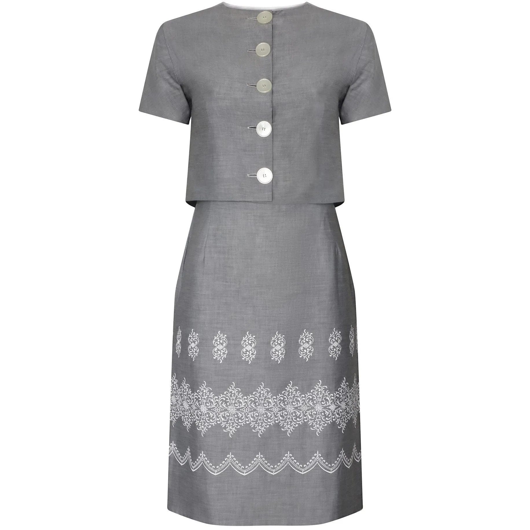 1950s Grey Cotton and White Embroidered Dress and Jacket Set