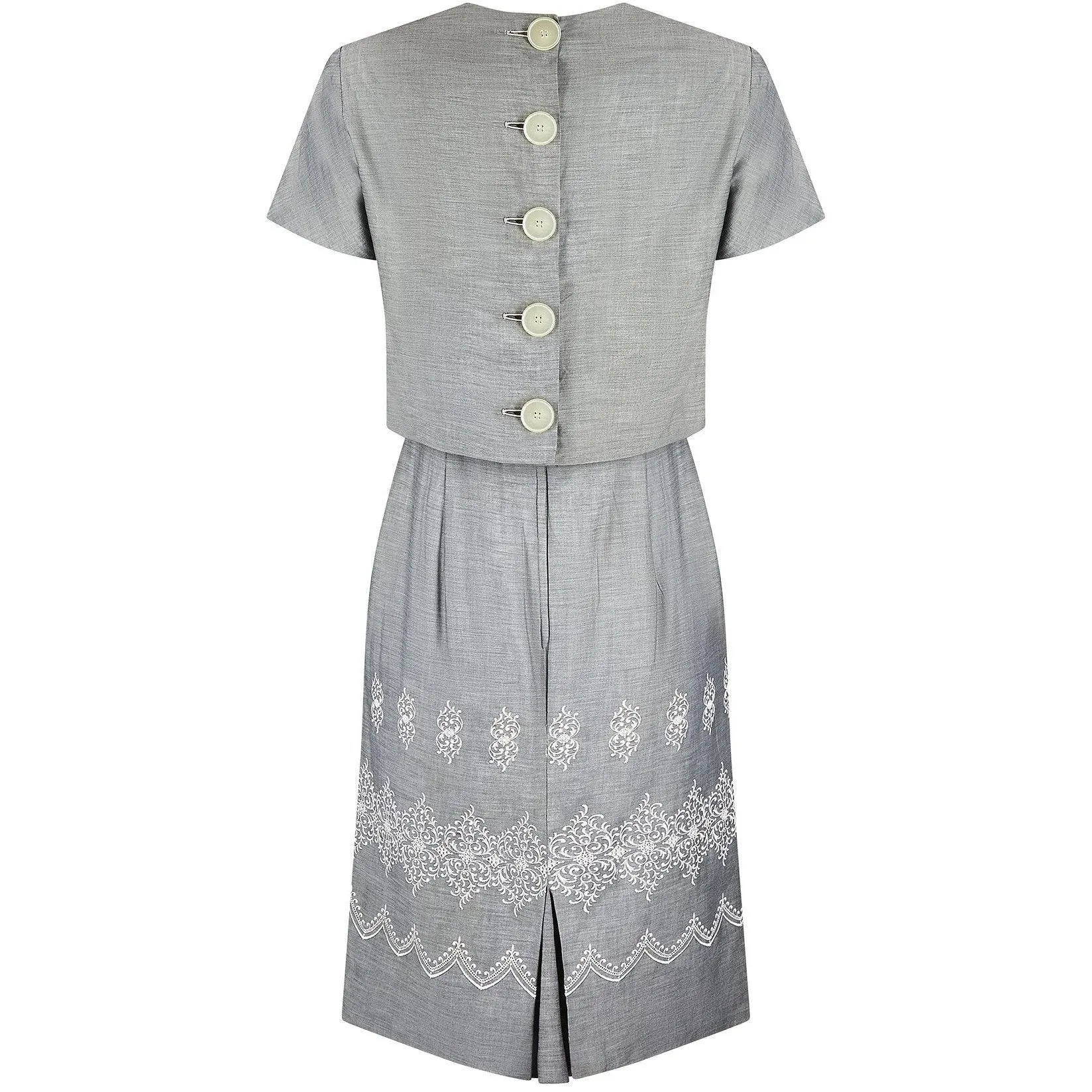 1950s Grey Cotton and White Embroidered Dress and Jacket Set