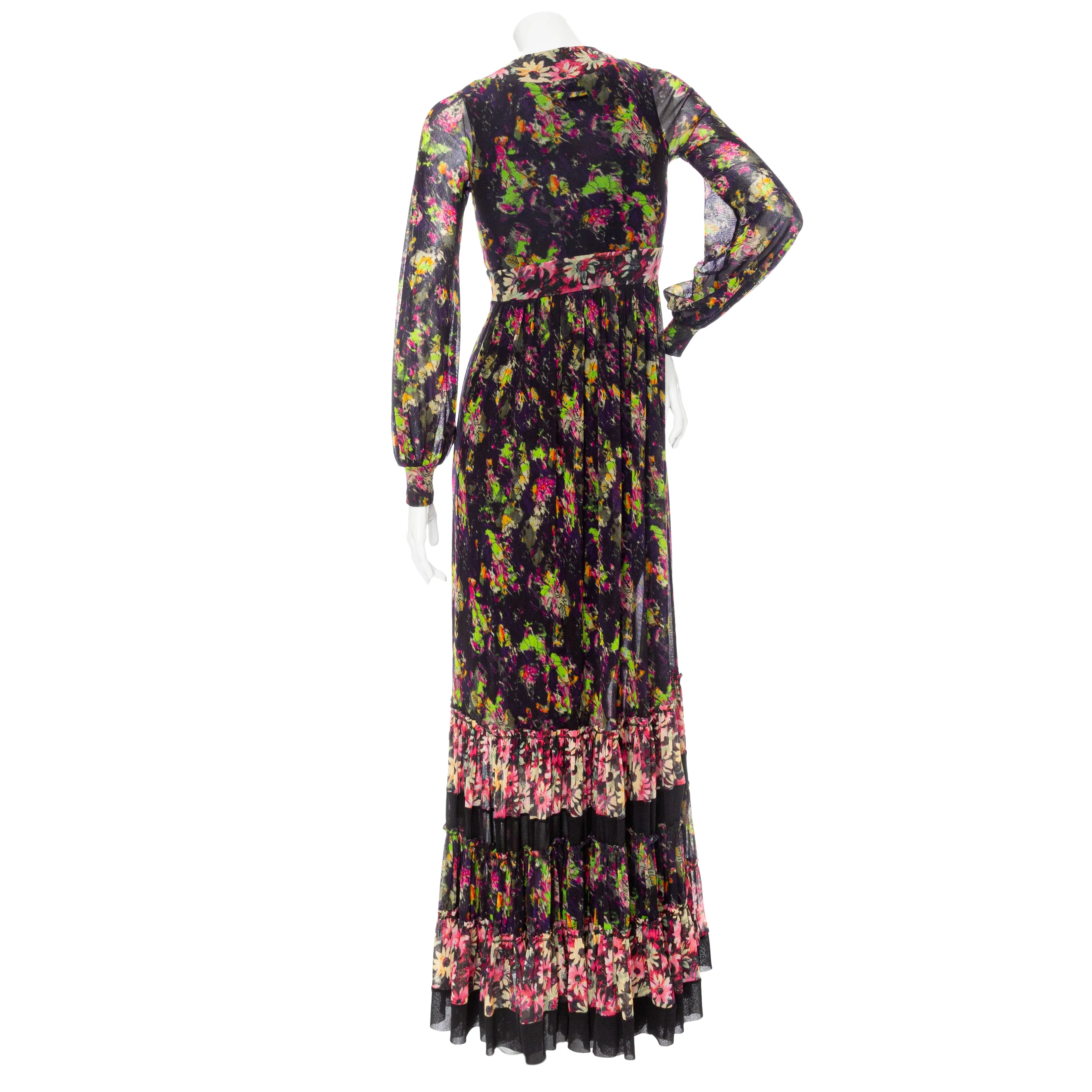 2000s Soleil Floral Print Mesh Long Sleeve Maxi Dress