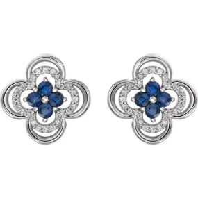 .70CT Diamond & Blue Sapphire Clover Studs Earrings 14K White Gold