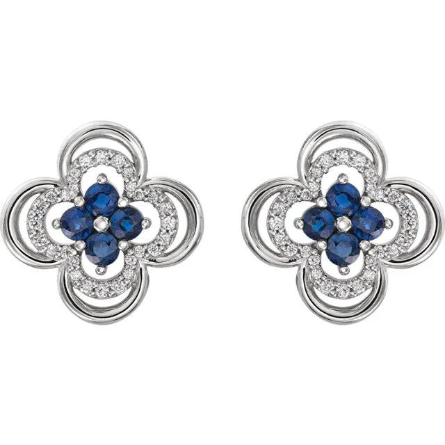 .70CT Diamond & Blue Sapphire Clover Studs Earrings 14K White Gold