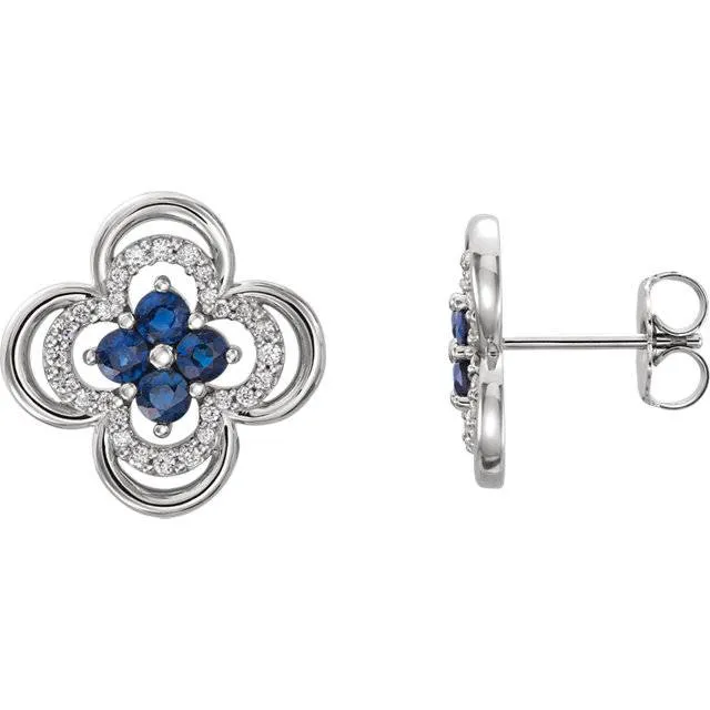 .70CT Diamond & Blue Sapphire Clover Studs Earrings 14K White Gold