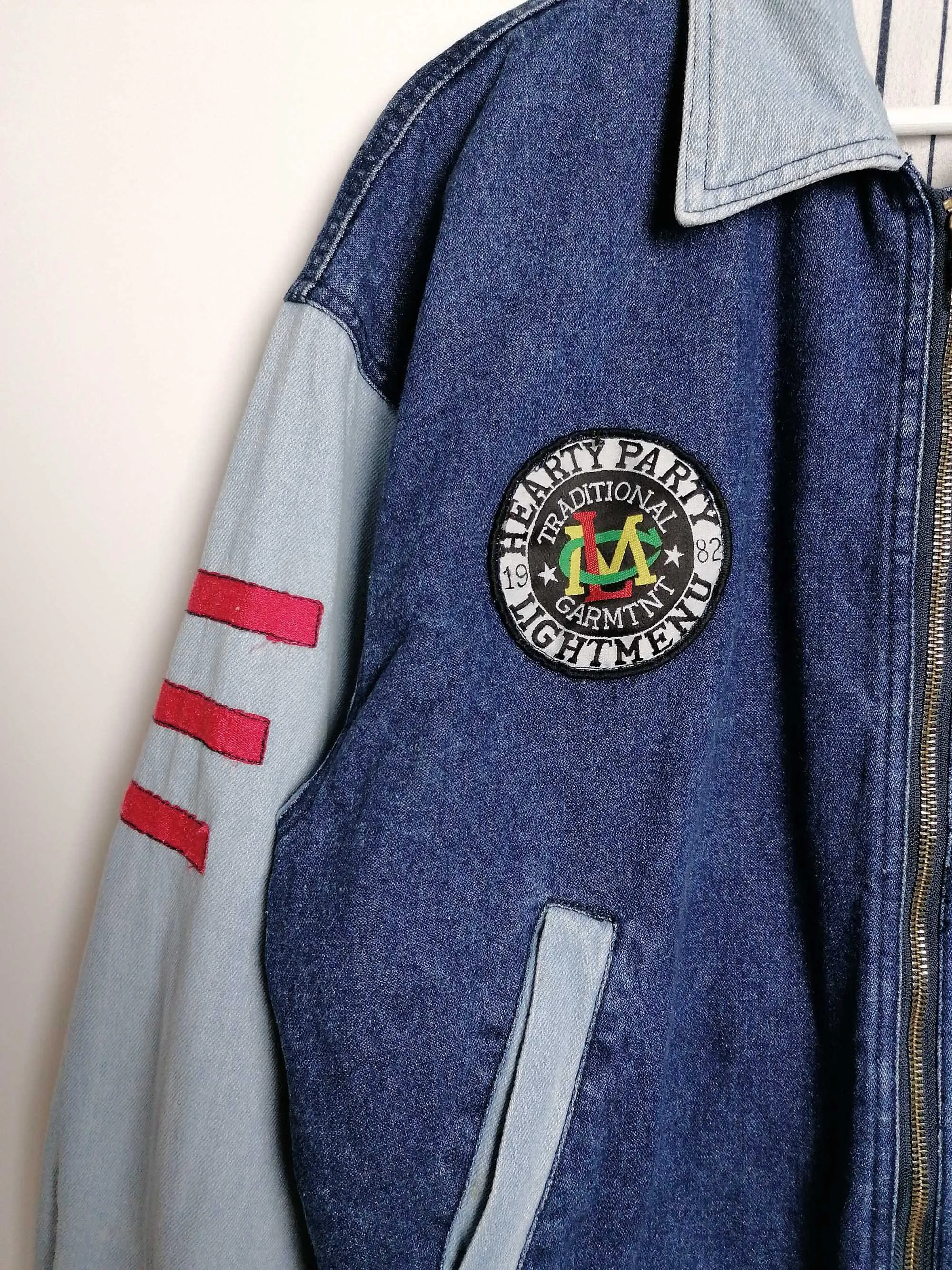 80's Denim College Jacket with Patches - size M