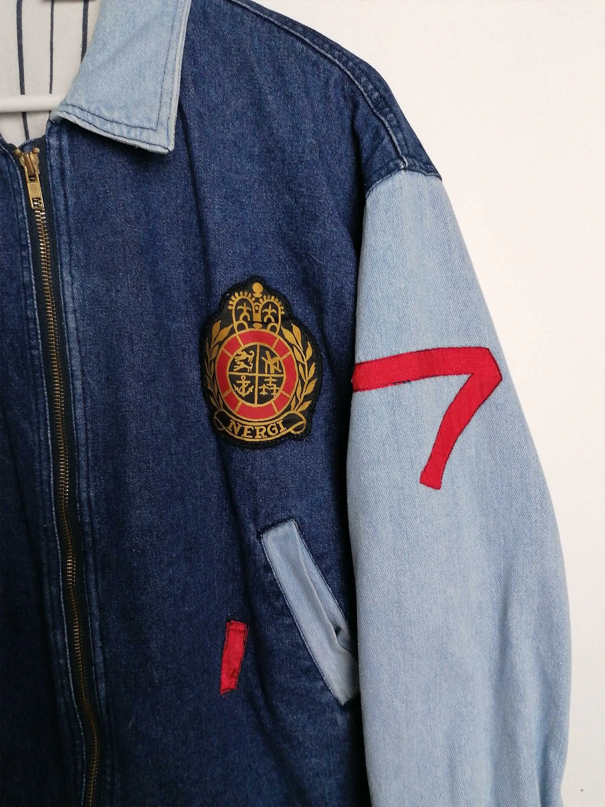 80's Denim College Jacket with Patches - size M