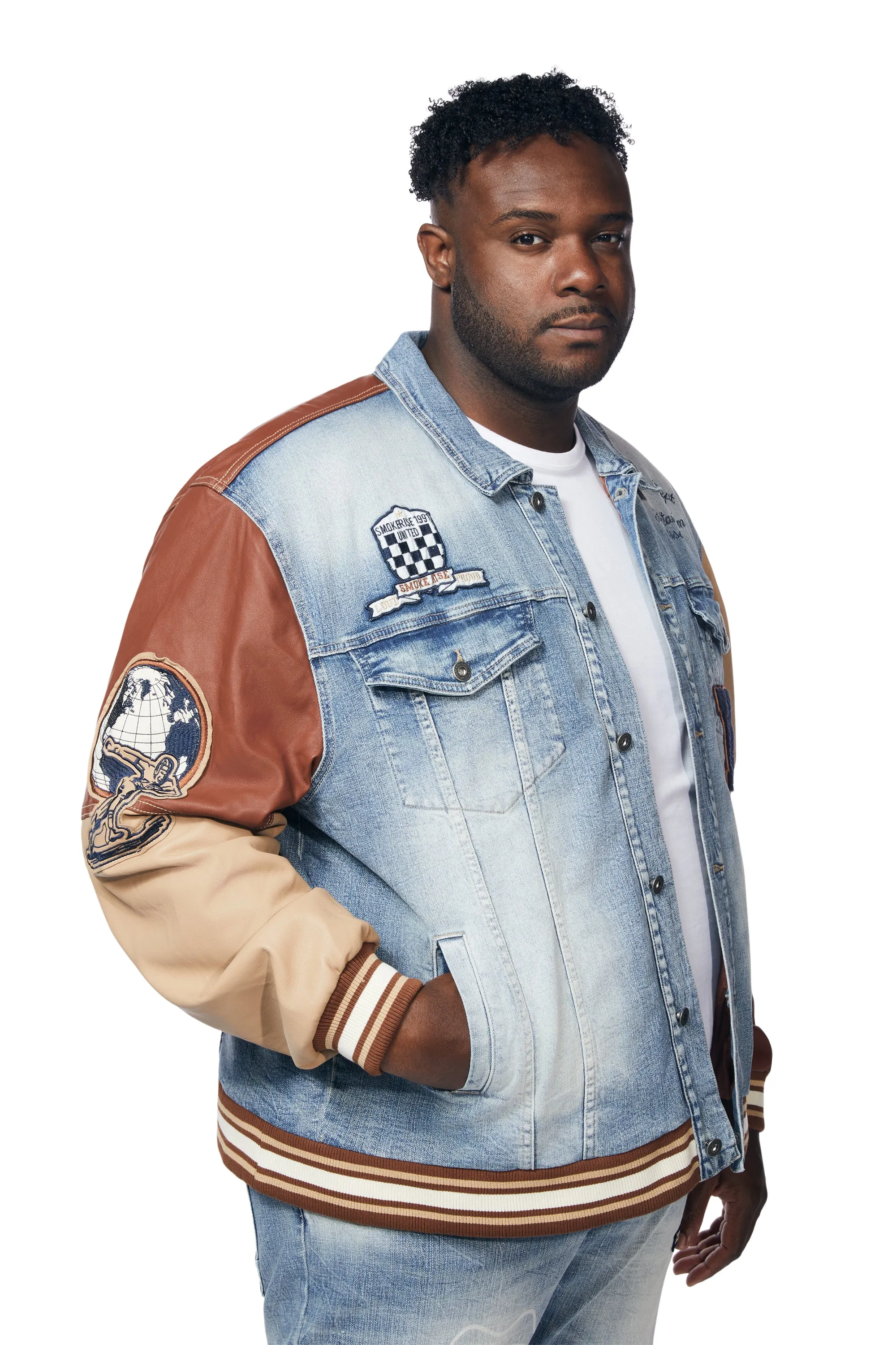 Big and Tall Jean Varsity Jacket - Canal Blue