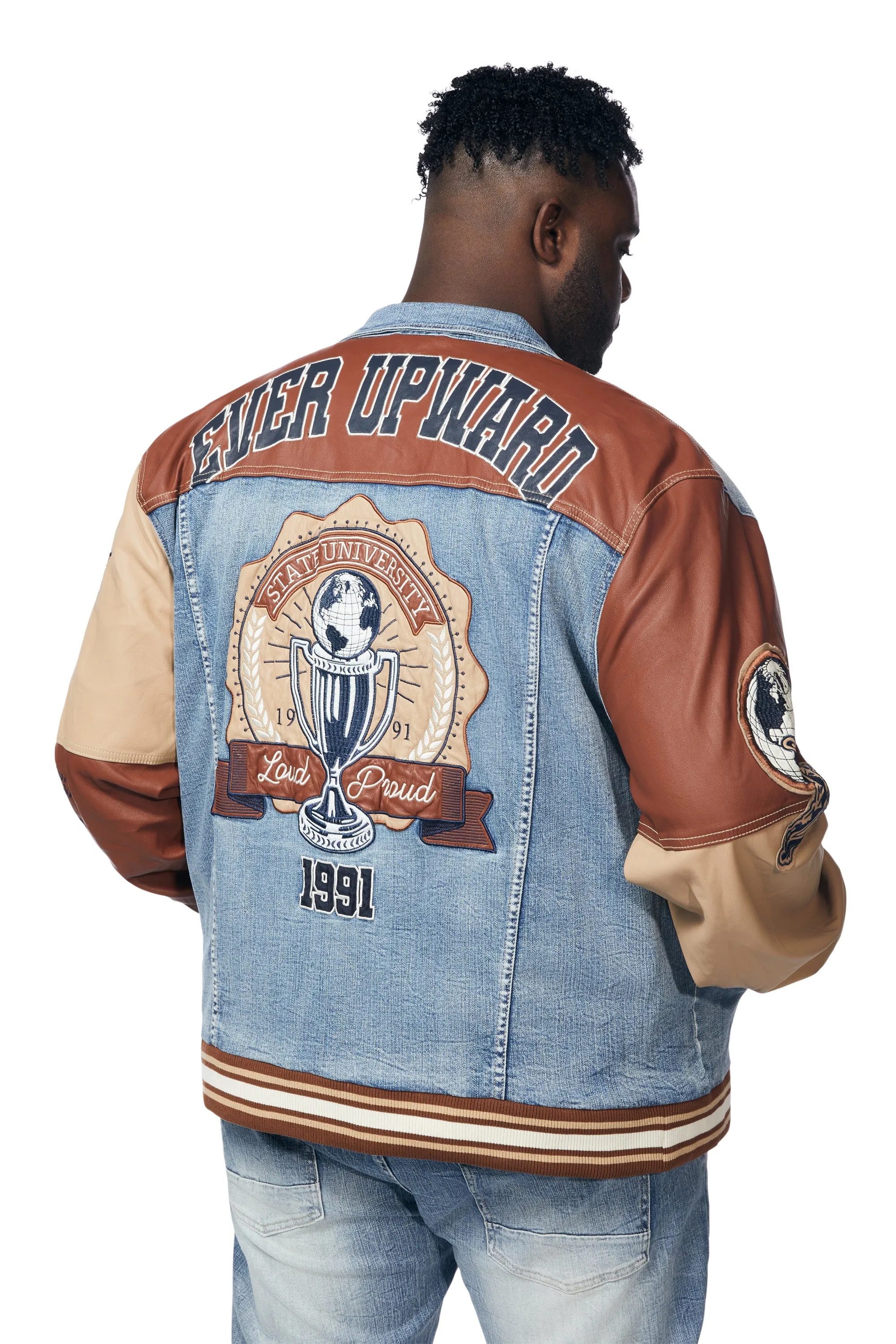 Big and Tall Jean Varsity Jacket - Canal Blue