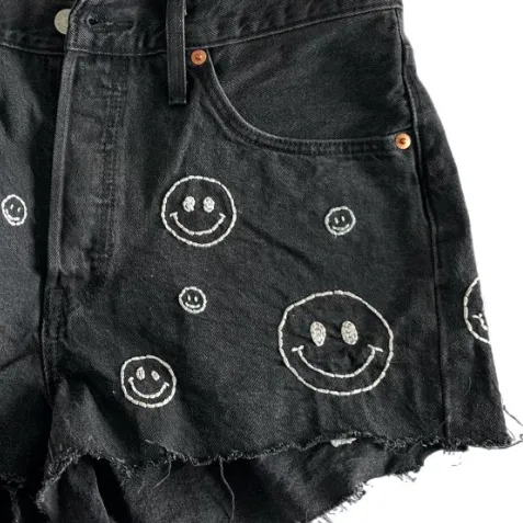 Black Denim Hand Embroidered Shorts Levi’s 501