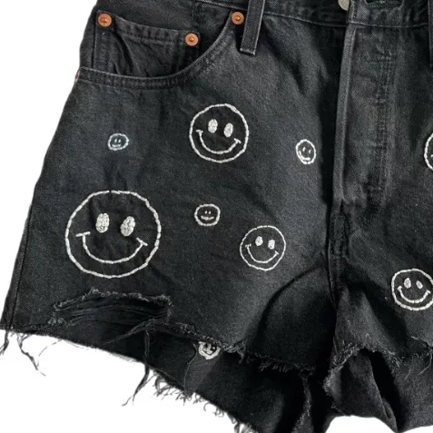 Black Denim Hand Embroidered Shorts Levi’s 501