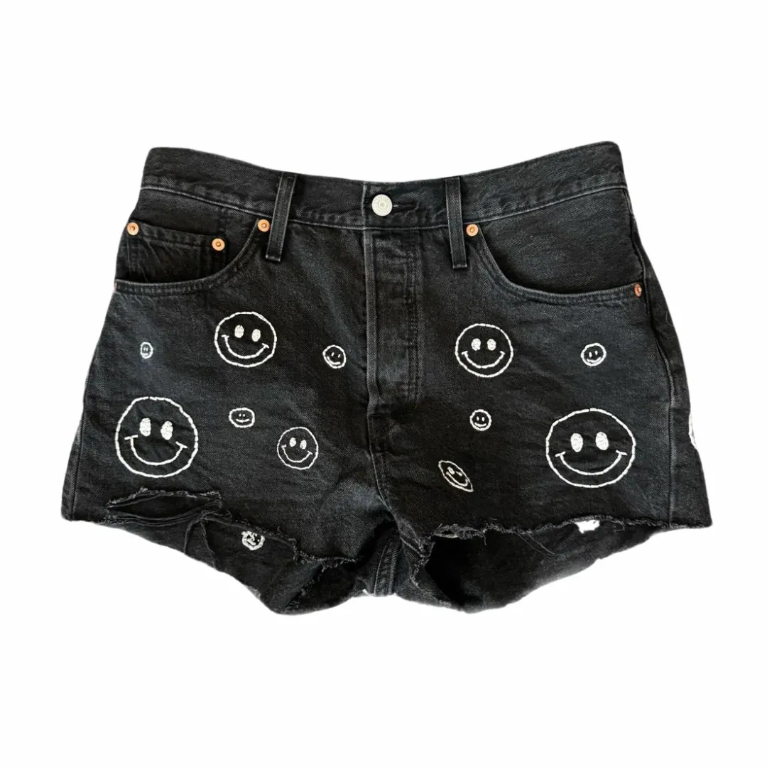 Black Denim Hand Embroidered Shorts Levi’s 501