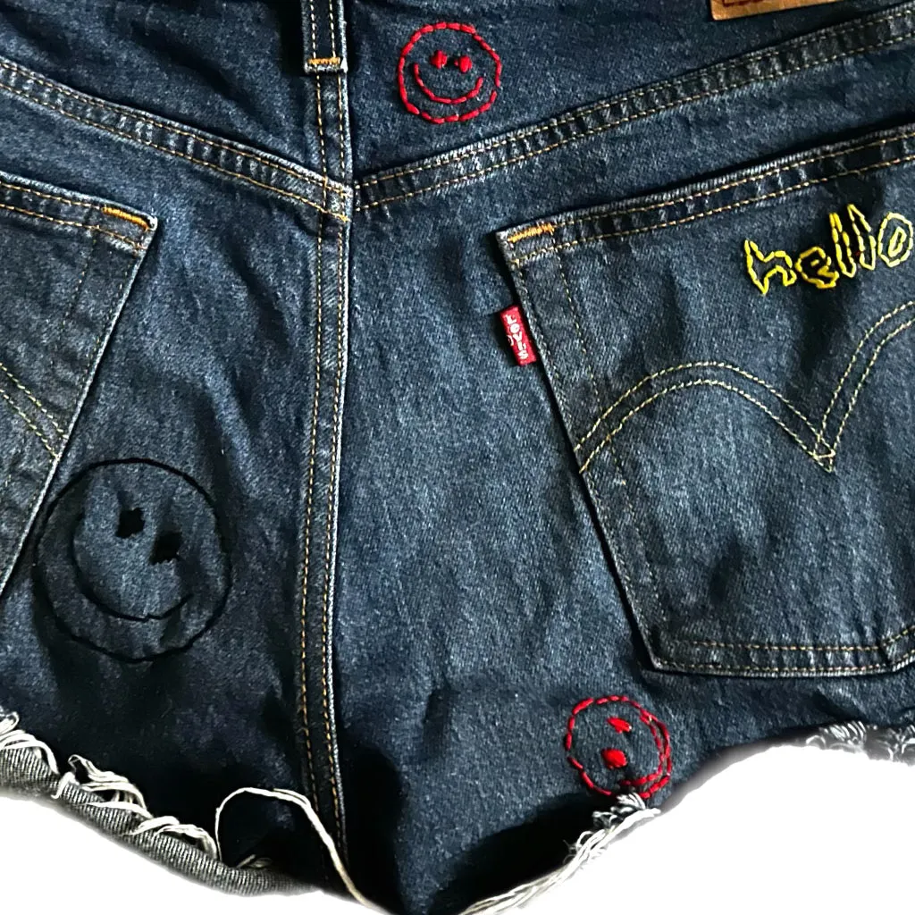 Black Denim Hand Embroidered Shorts Levi’s 501