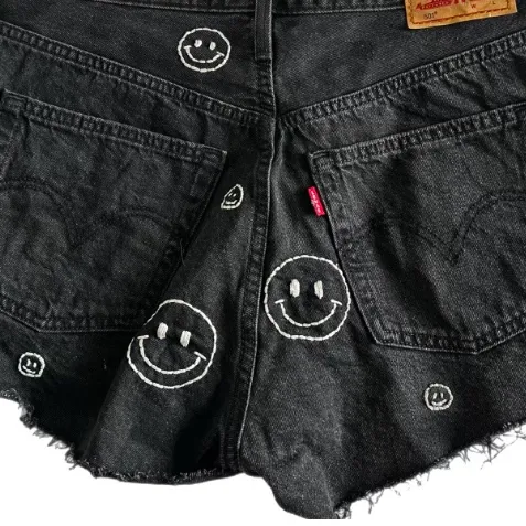 Black Denim Hand Embroidered Shorts Levi’s 501