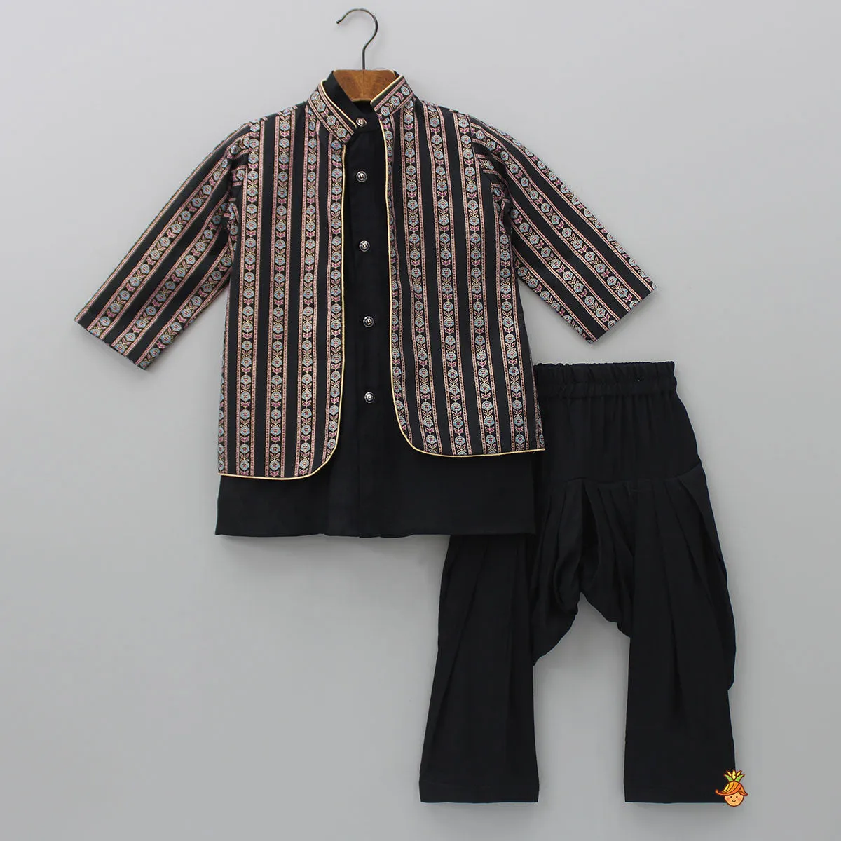 Black Kurta With Printed Open Jacket And Salwar