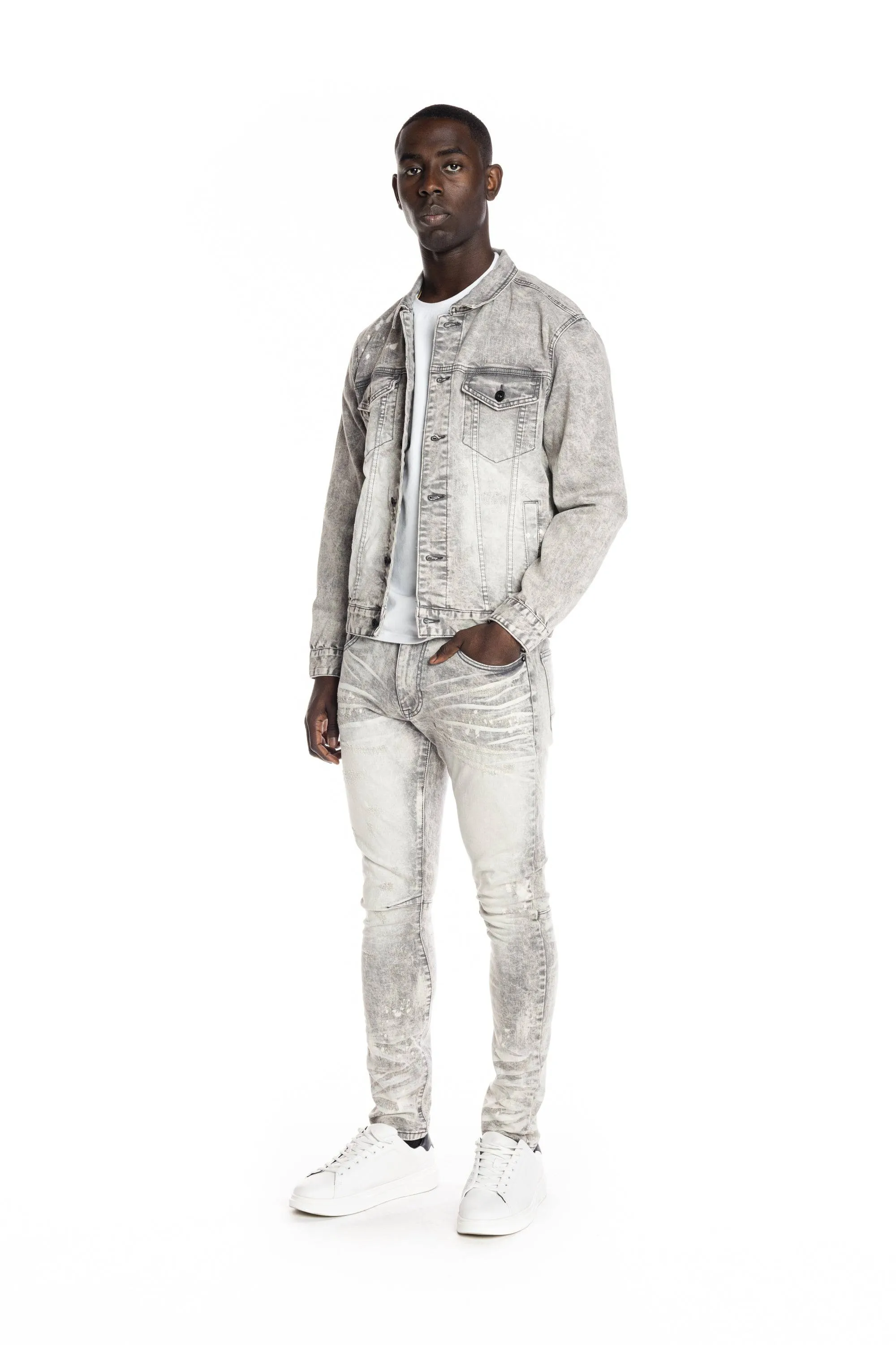 Bleached Detail Semi Basic Jean Jacket - Frost Grey