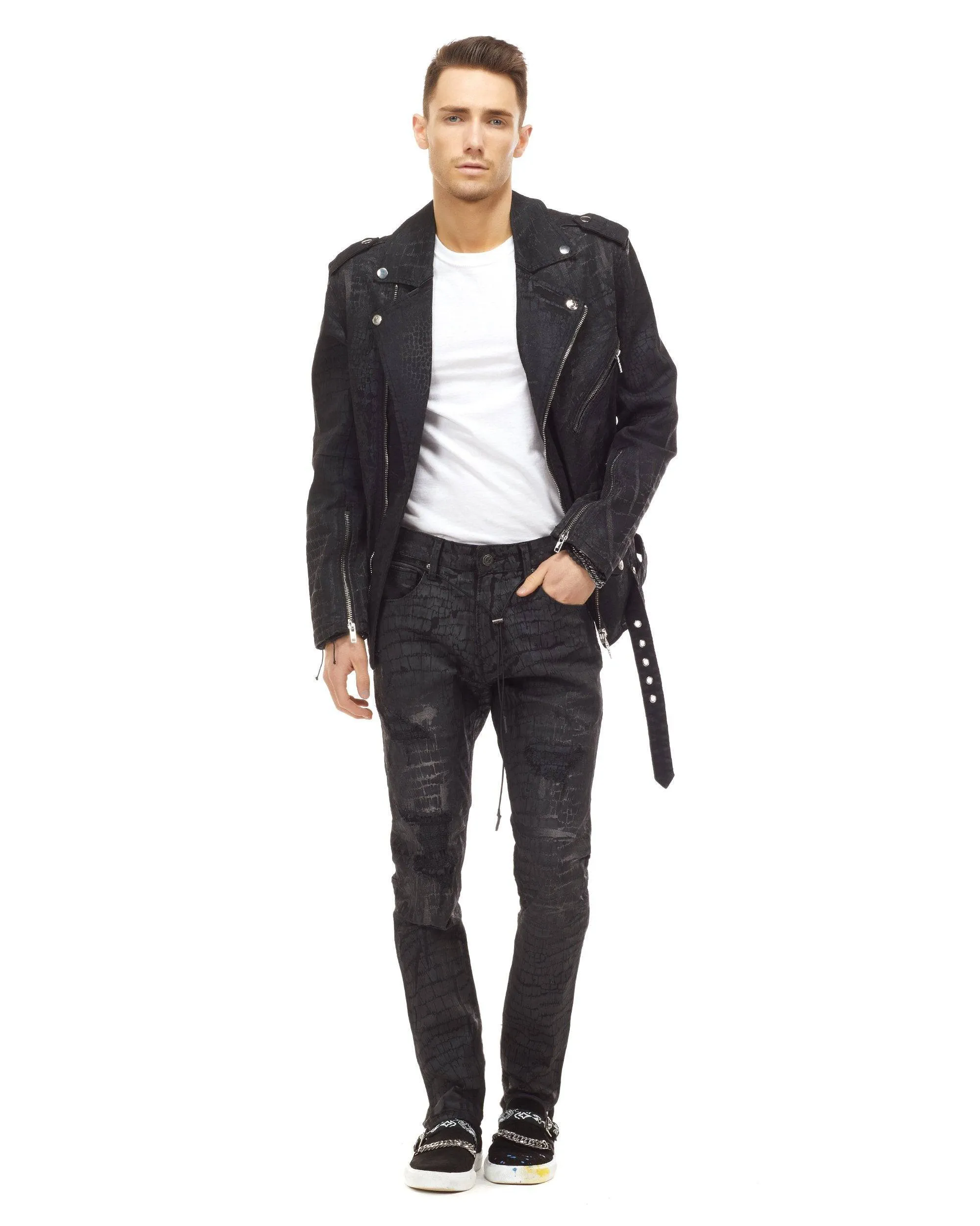 Bleunoir Crocodile Print Jean Biker Jacket - Black