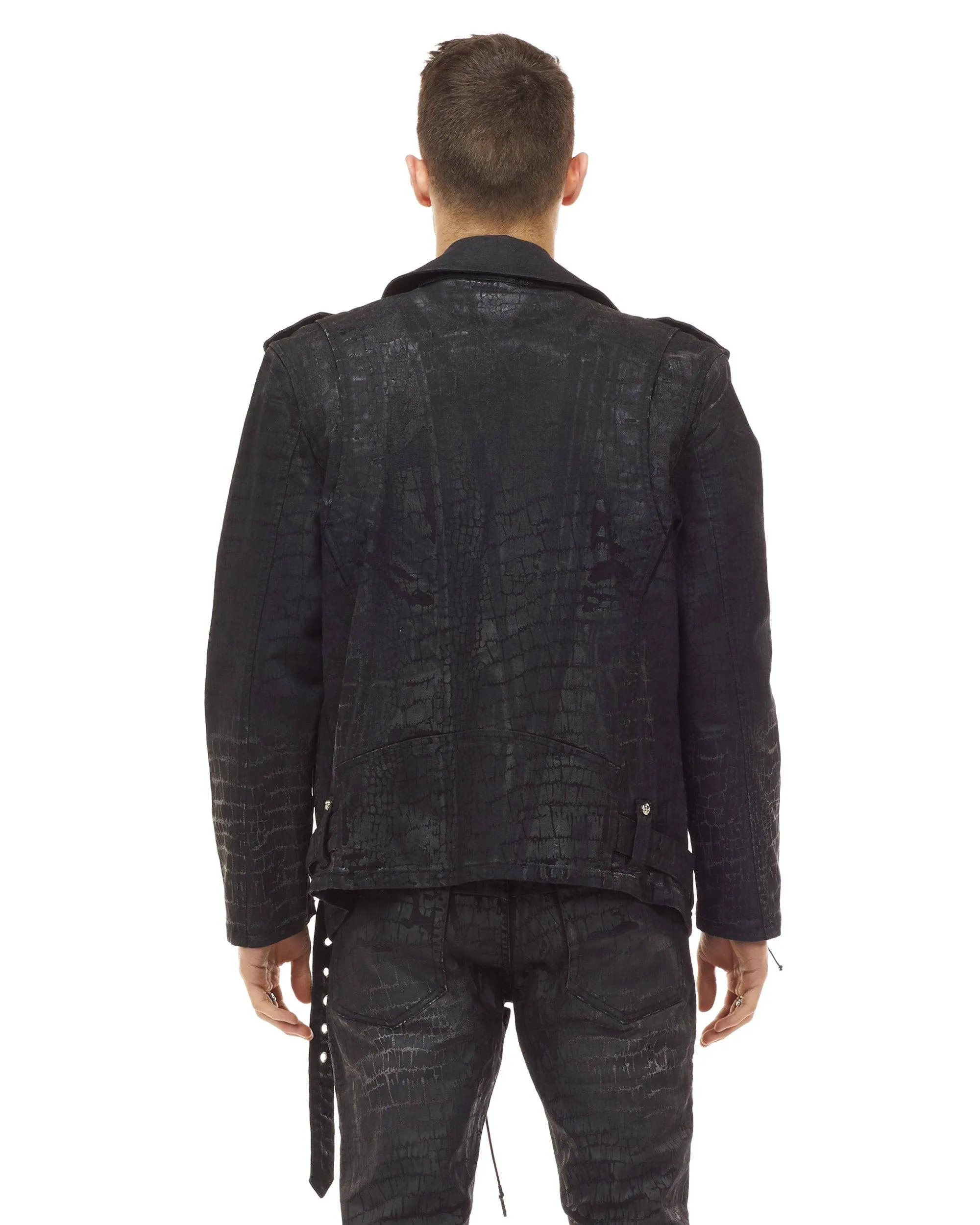 Bleunoir Crocodile Print Jean Biker Jacket - Black