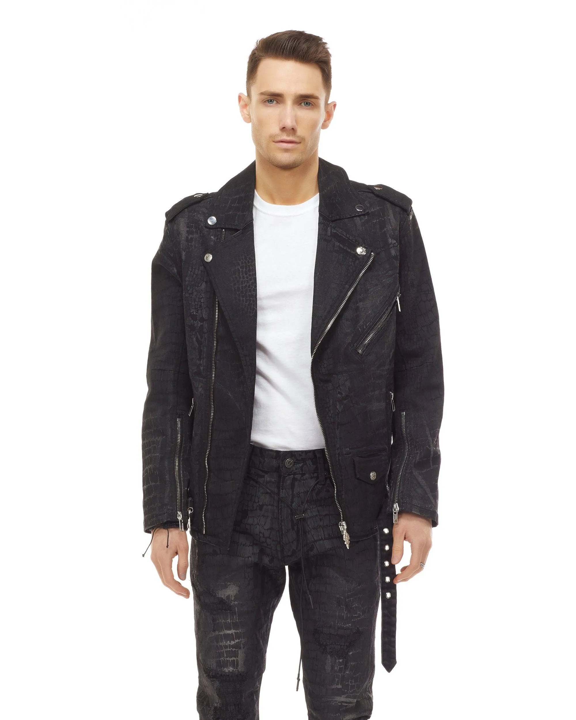 Bleunoir Crocodile Print Jean Biker Jacket - Black