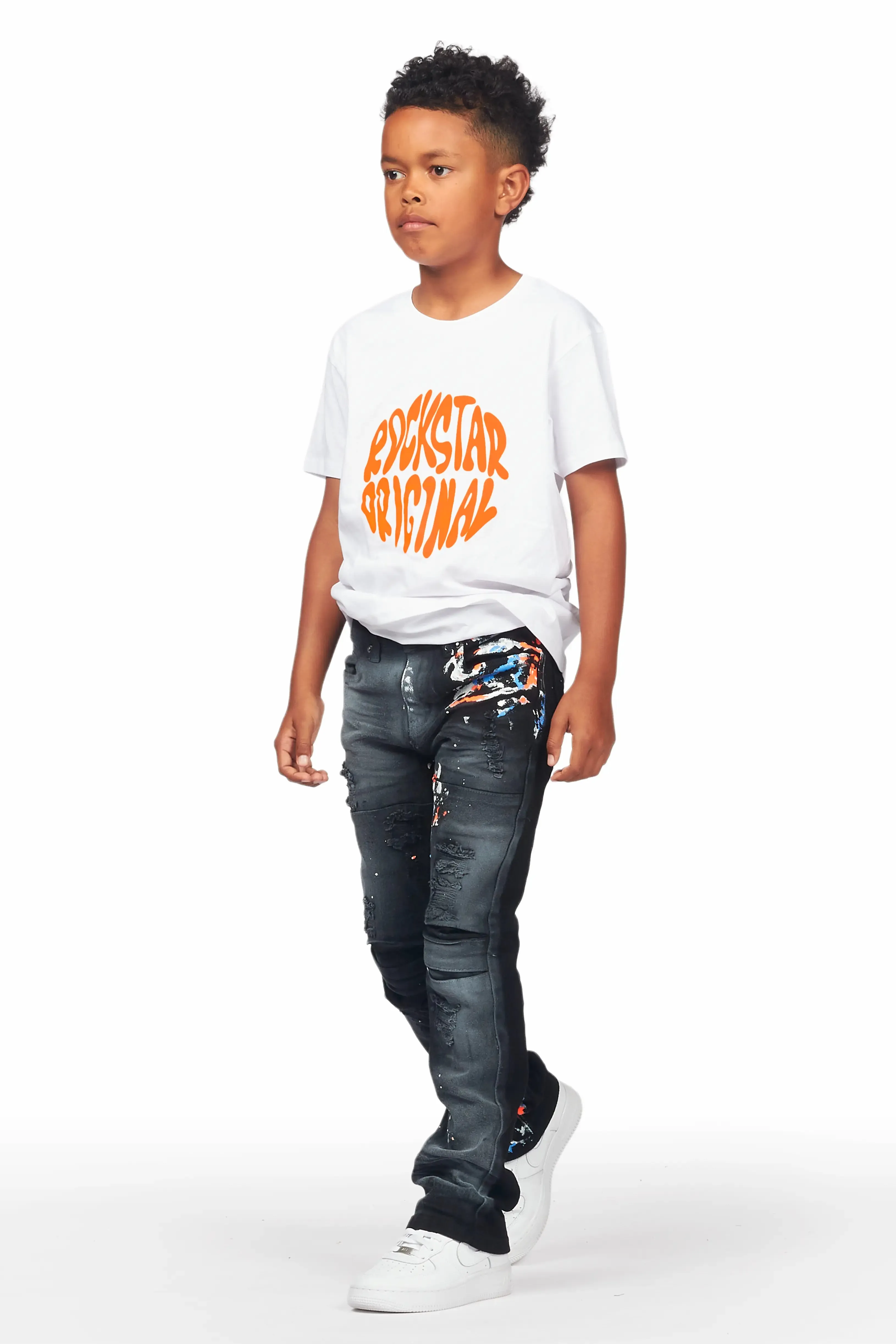 Boys Burrow White T-Shirt/Stacked Flare Jean Set