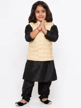 Boys' White Cotton Silk Kurta, Jacket and Pyjama Set