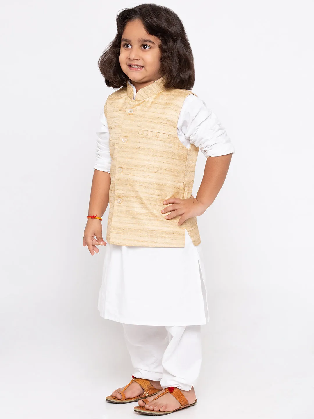 Boys' White Cotton Silk Kurta, Jacket and Pyjama Set