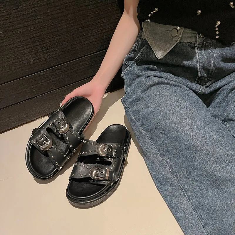 Casual Minimal Goth Leather & Rivet Sandals