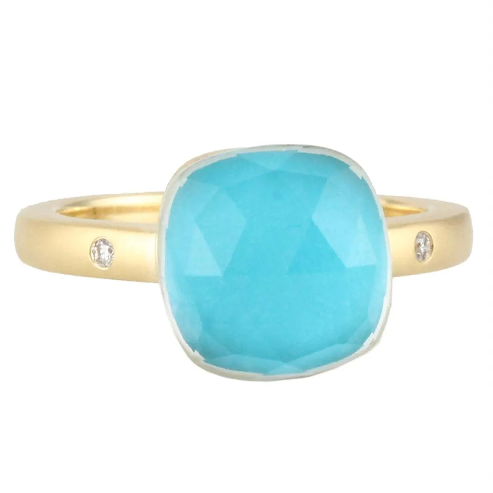 Doves St. Barths Blue Turquoise & Diamond Yellow Gold Square Ring