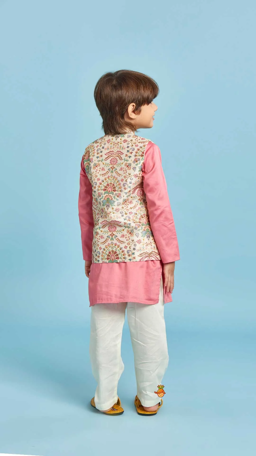 Floral Printed Thread Work Jacket With Rusty Red Kurta And Pyjama