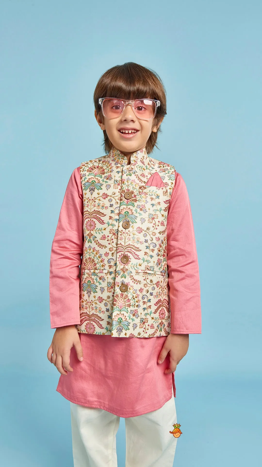 Floral Printed Thread Work Jacket With Rusty Red Kurta And Pyjama