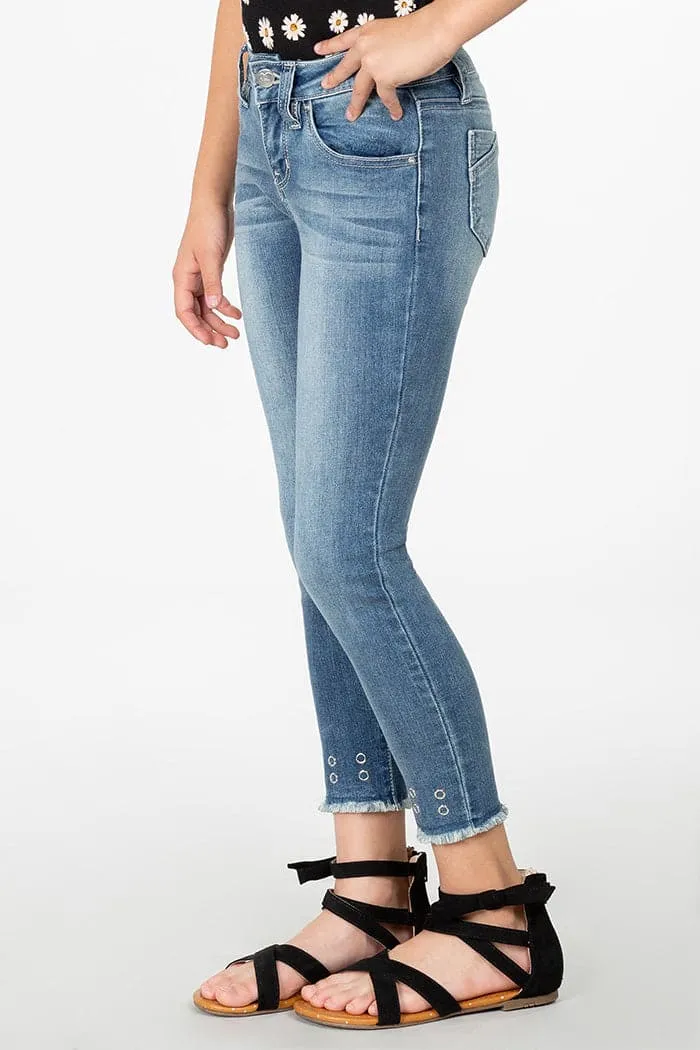 Girls Frayed Grommet Denim Ankle Jeans