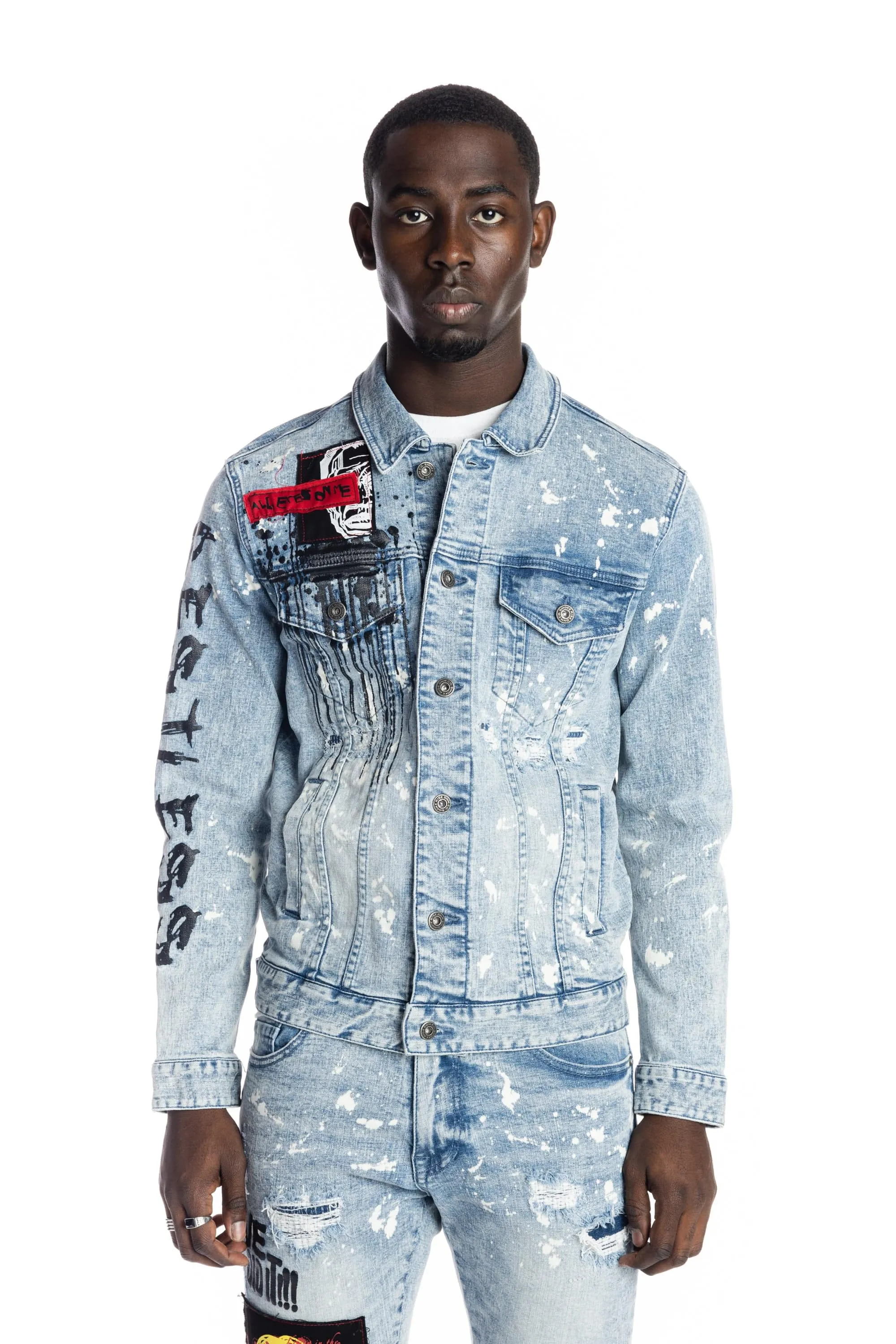 Graphic Patched Fashion Jean Jacket - Mizu Blue