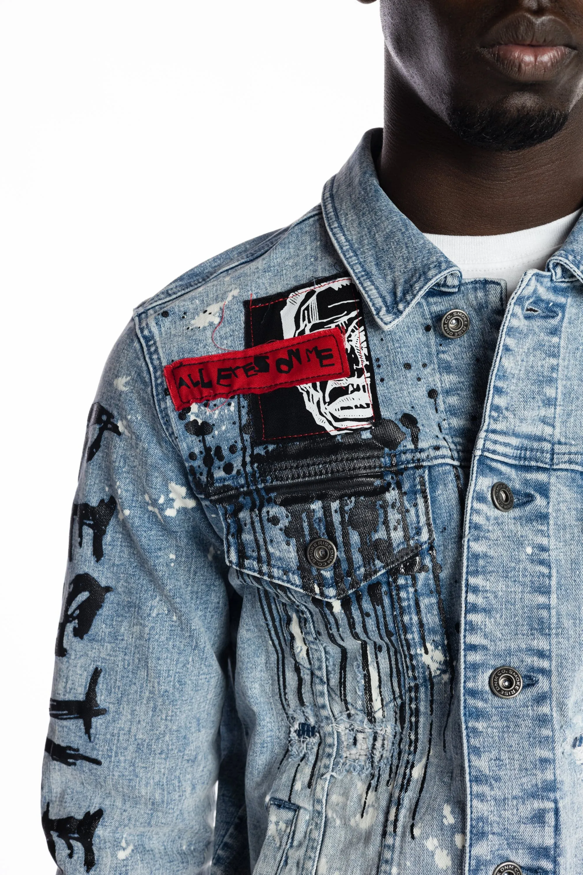 Graphic Patched Fashion Jean Jacket - Mizu Blue