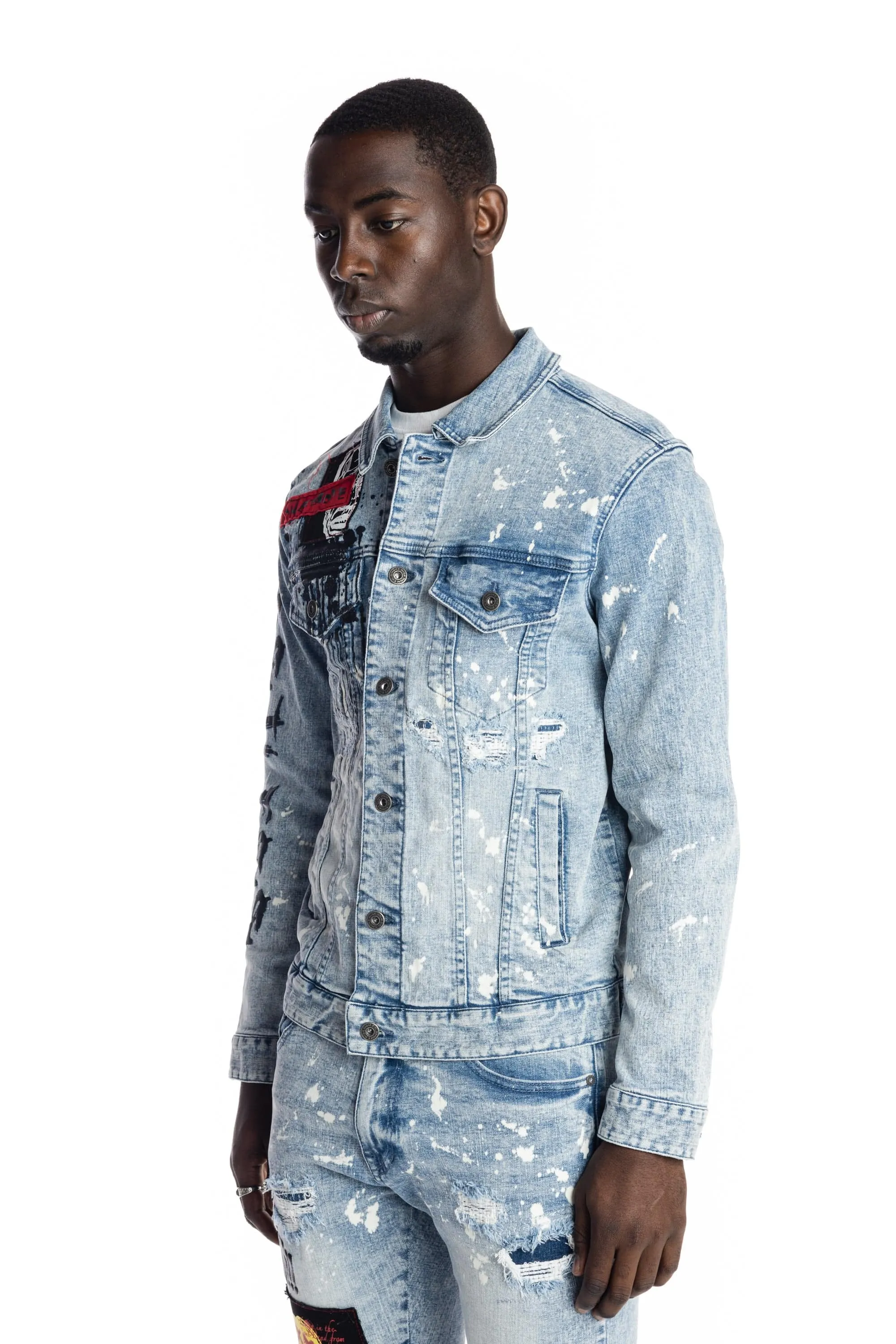 Graphic Patched Fashion Jean Jacket - Mizu Blue