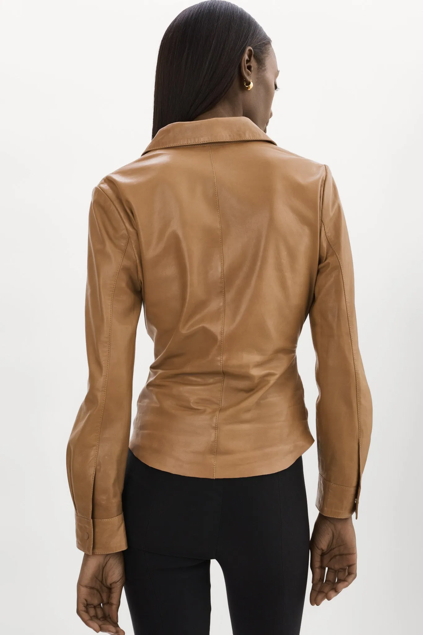 HudaSM LaMarque Leather Shirt Rushed V Neck with Cuffed Sleeve