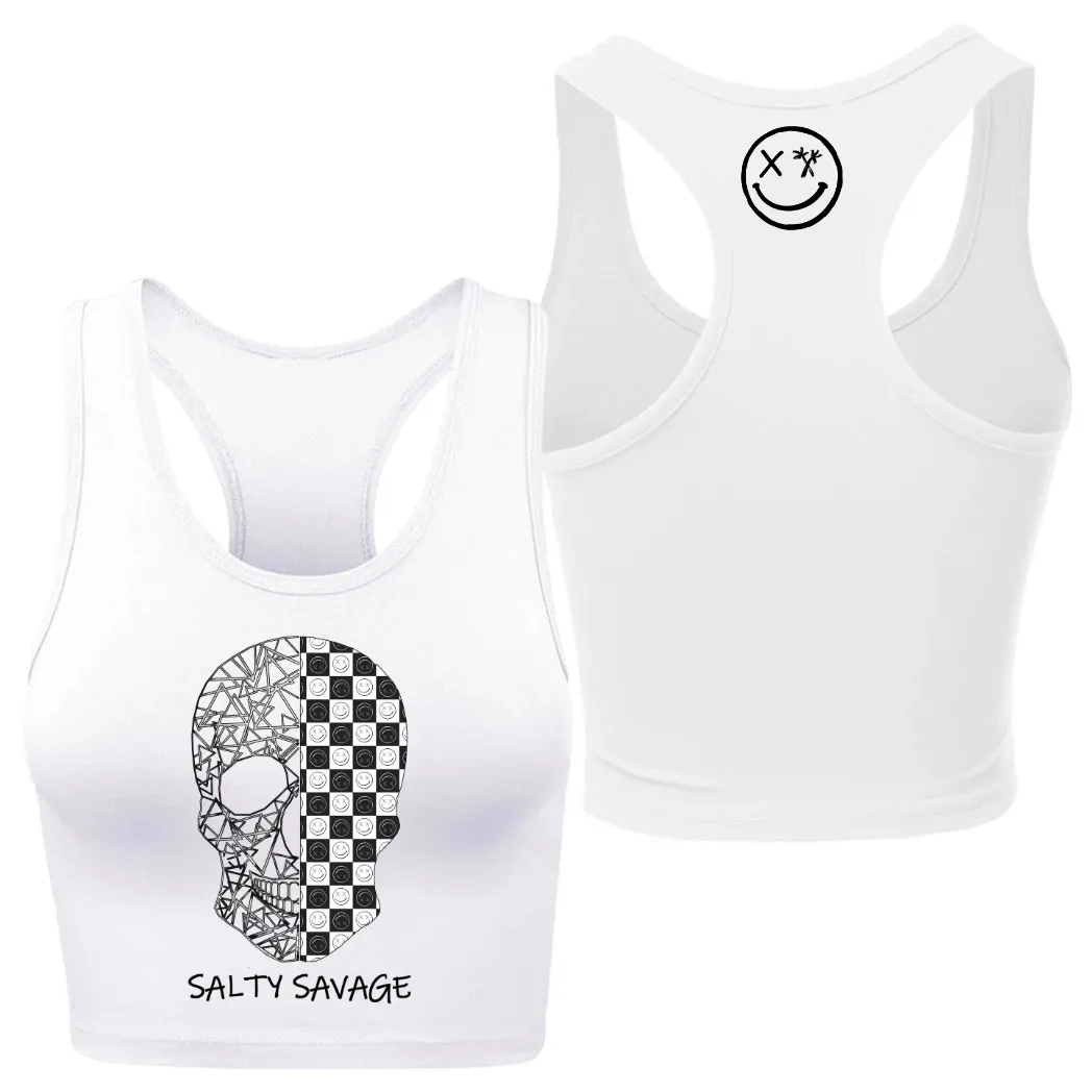 Ladies “Spliced Checkered Geo Skull” Racerback Crop Tank | Black & White