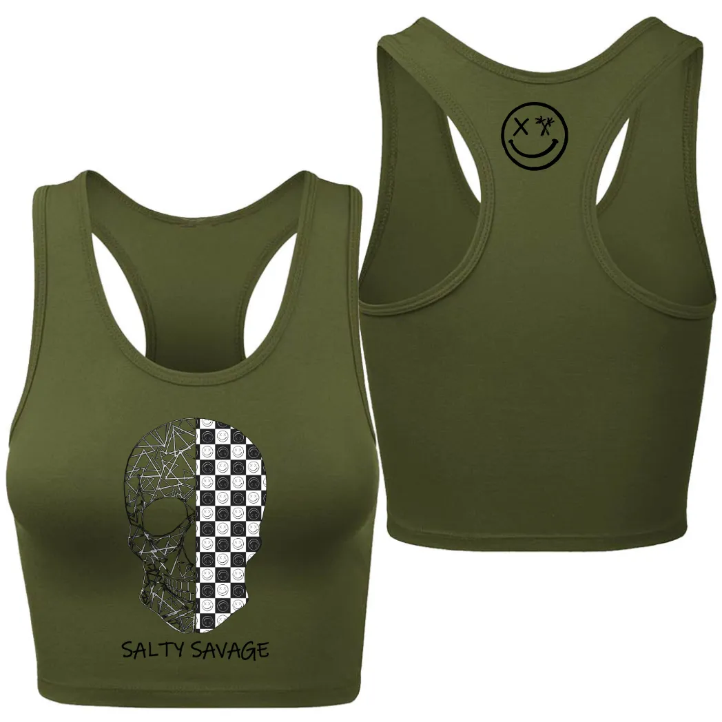 Ladies “Spliced Checkered Geo Skull” Racerback Crop Tank | Black & White