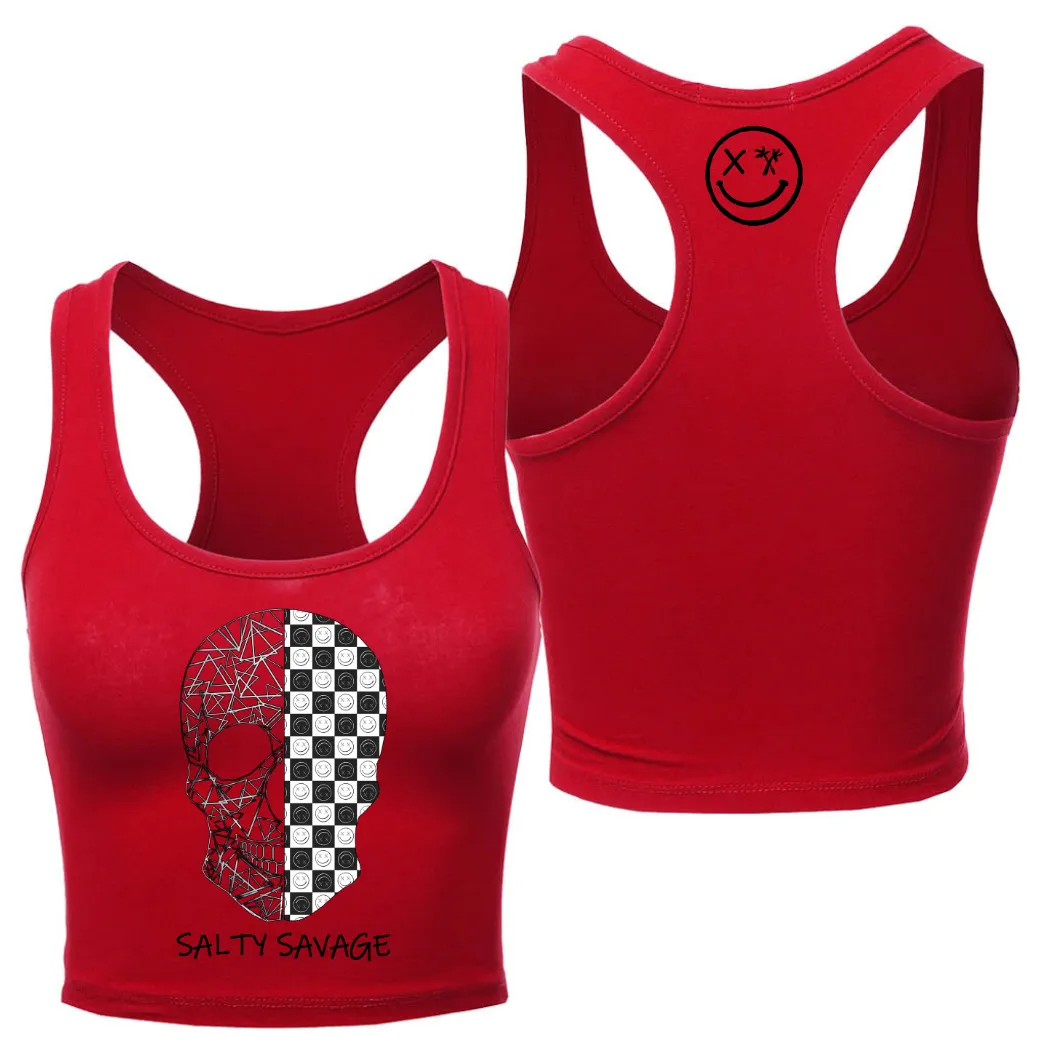 Ladies “Spliced Checkered Geo Skull” Racerback Crop Tank | Black & White