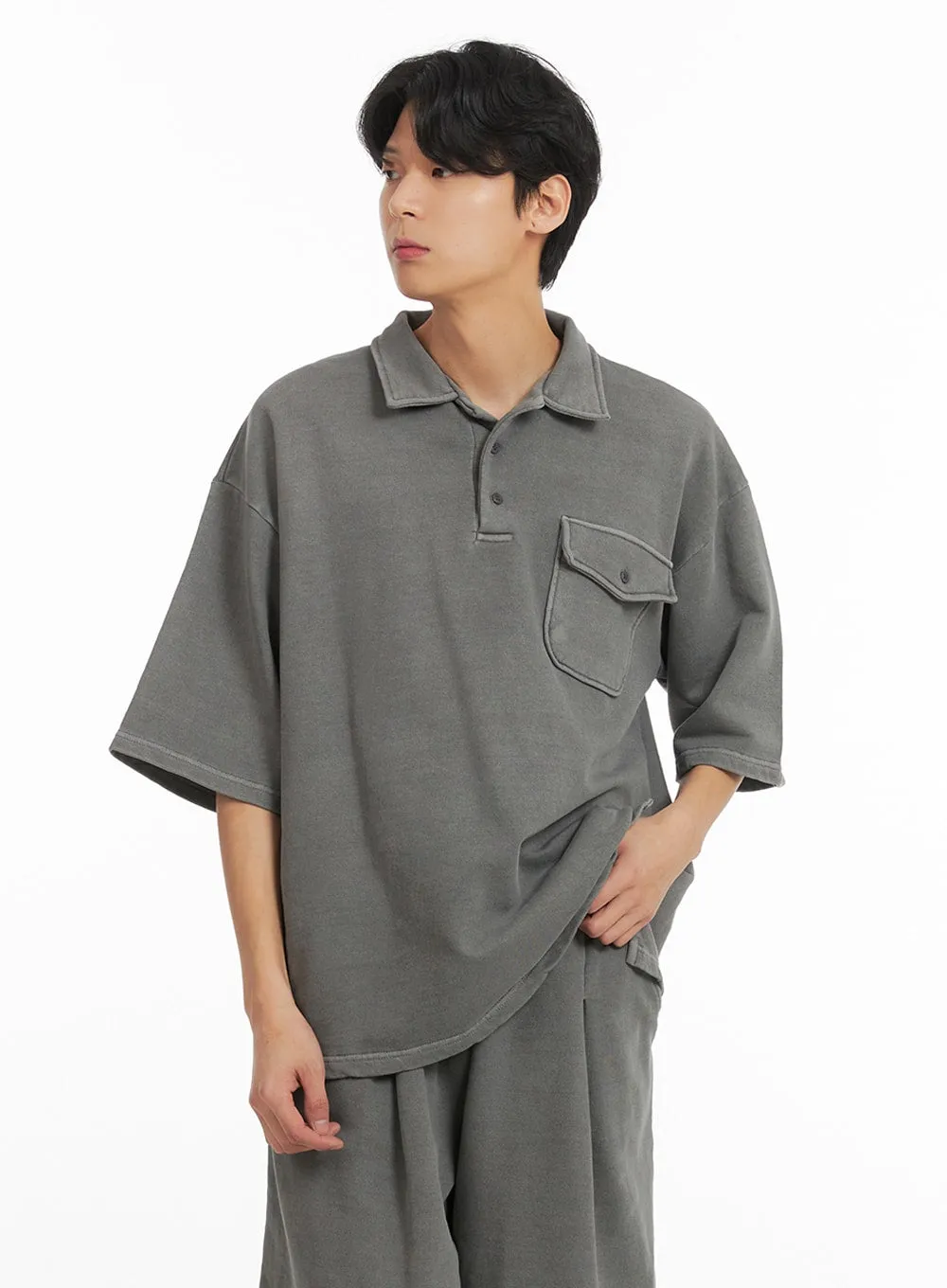 Men's Washed Oversized Cotton Collar T-Shirt IA401