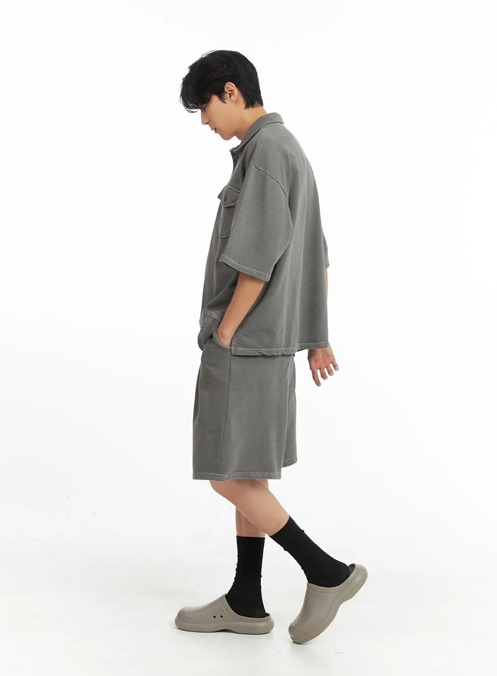 Men's Washed Oversized Cotton Collar T-Shirt IA401