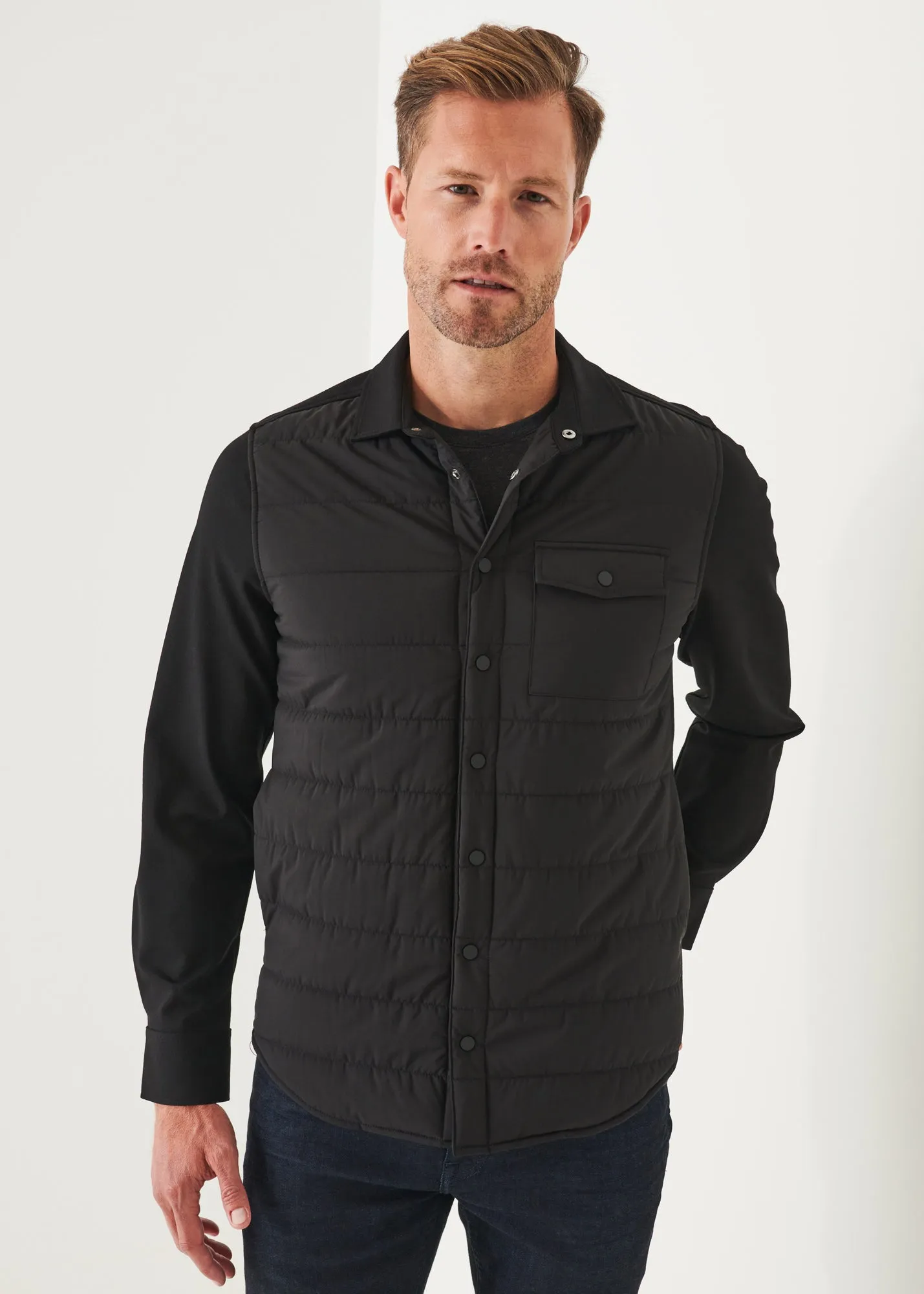 NYLON QUILTED MIX MEDIA SHIRT JACKET