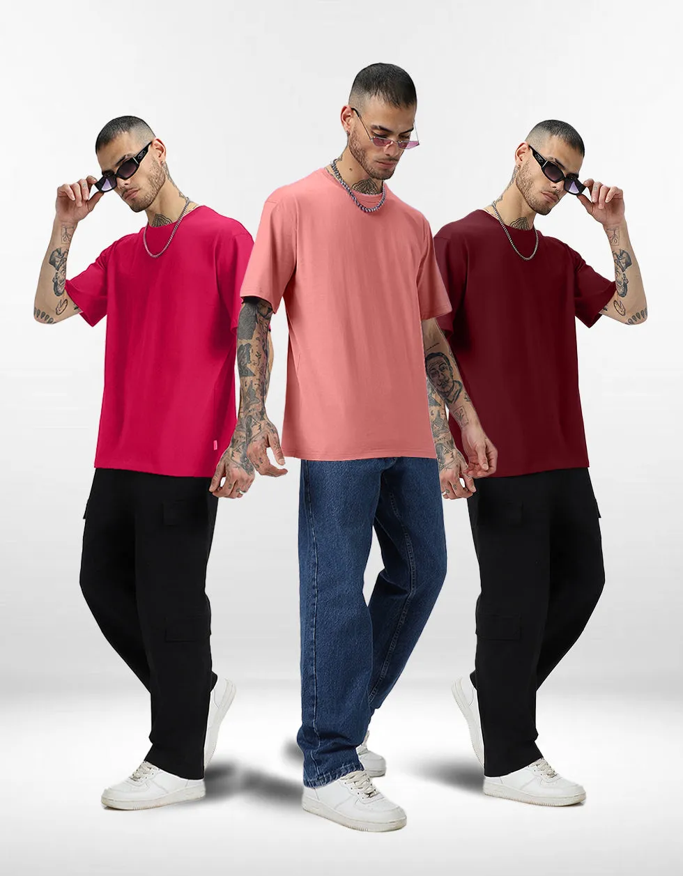 Pack of 3 Oversized Tees: Maroon & Vivamagenta & Soapnut