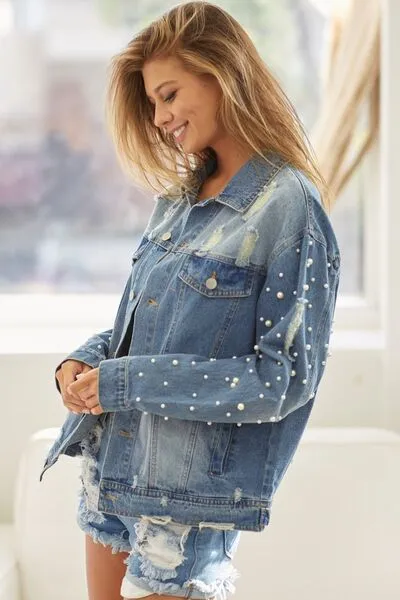 Pearl Detail Distressed Button Up Denim Jacket (MADE IN USA)