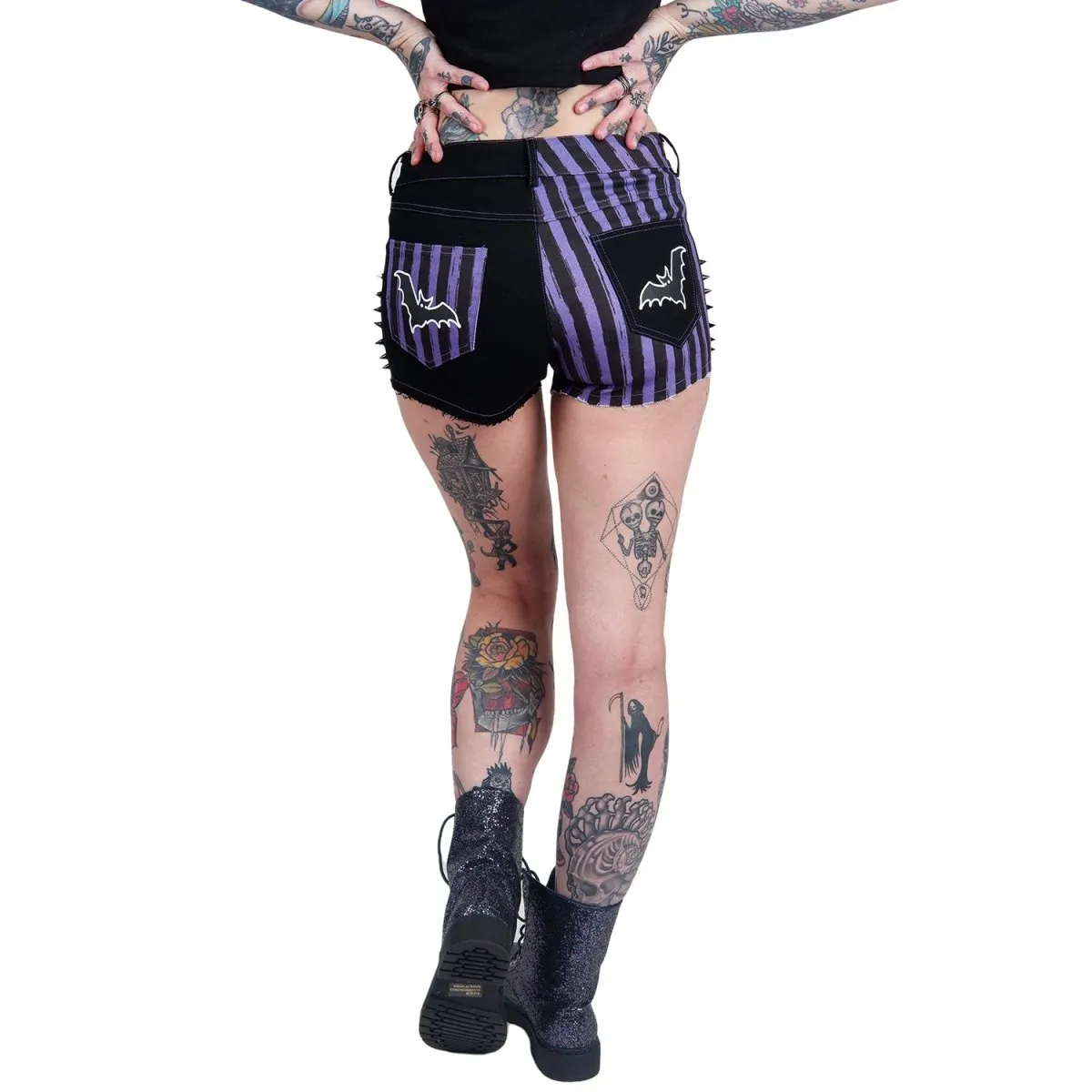 Purple Striped Bat Studded Denim Shorts