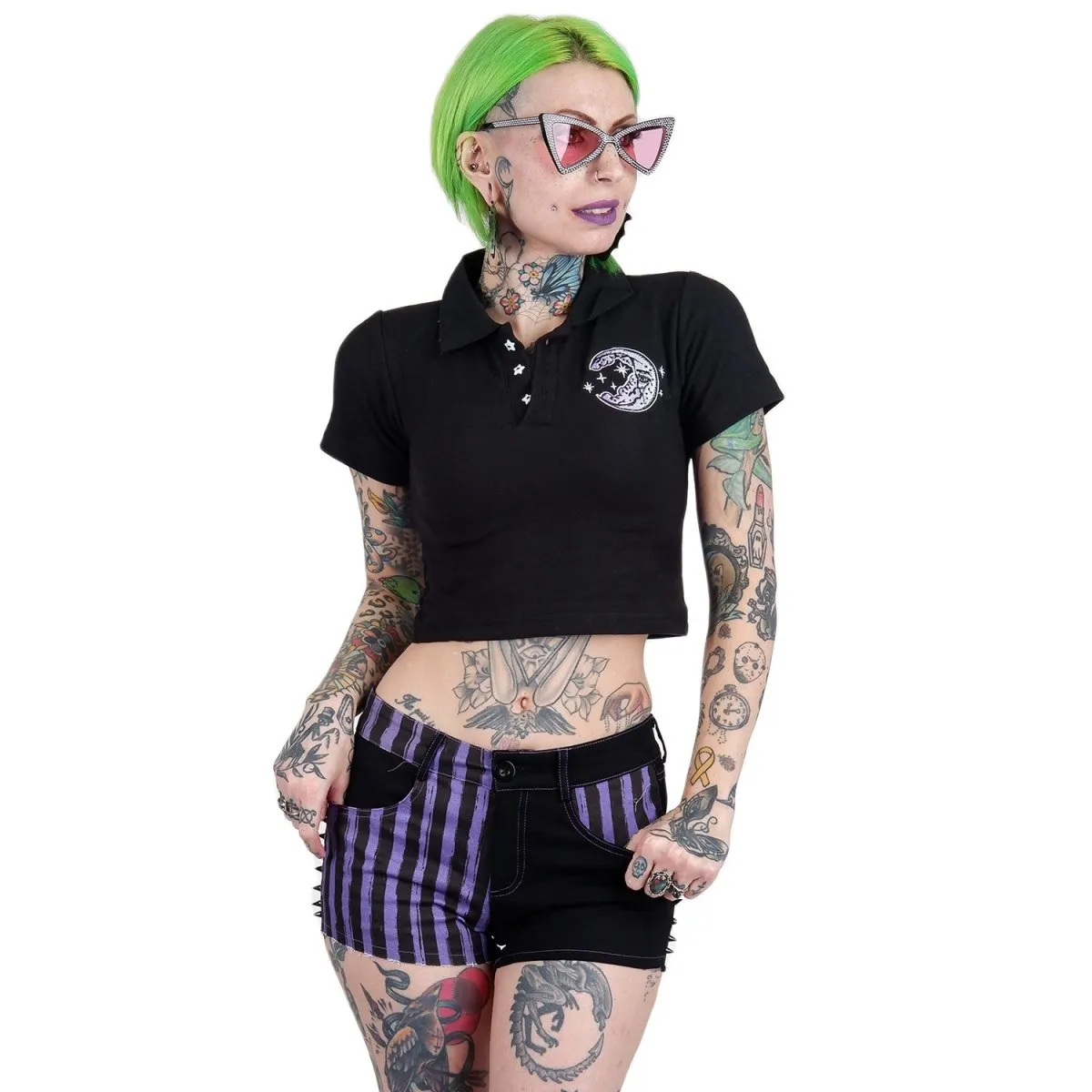 Purple Striped Bat Studded Denim Shorts