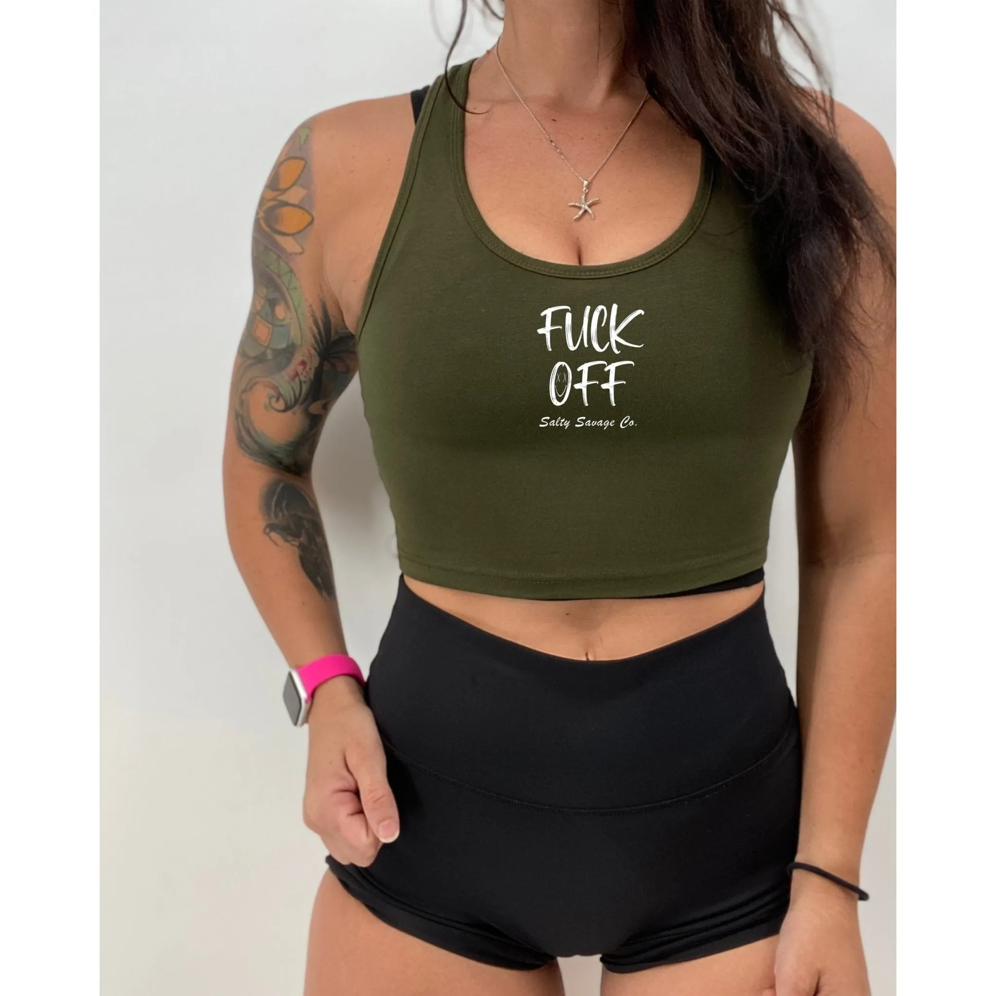 Salty Savage Ladies "Fuck Off" Racerback Crop Tank | Micro