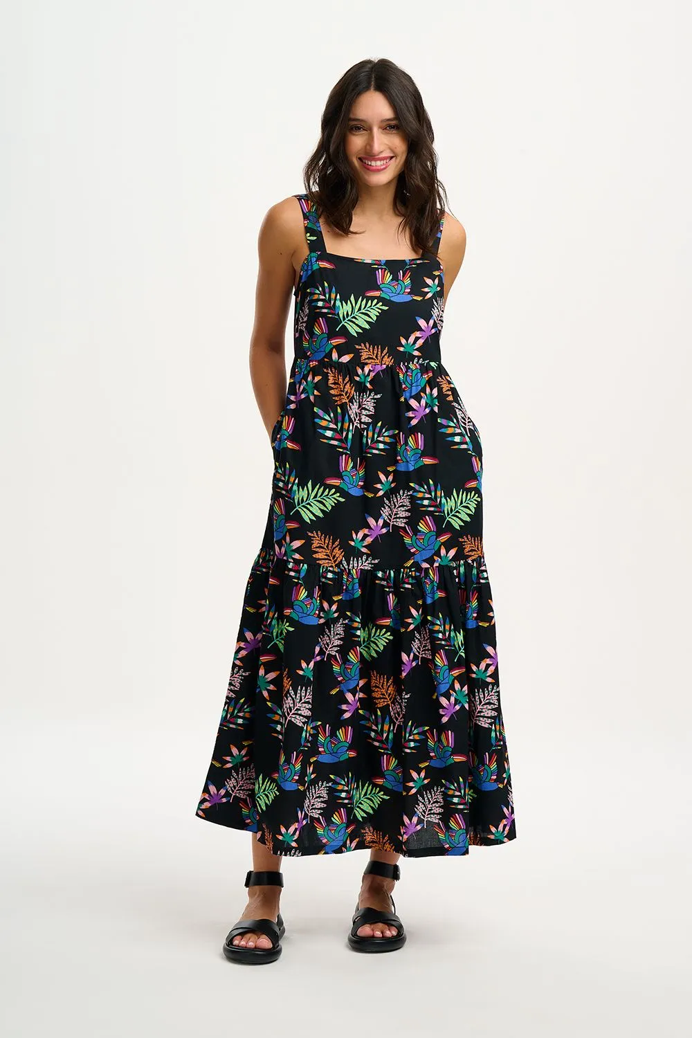 Sugarhill Brighton Charlotte Black Rainbow Toucans Maxi Tiered Sundress