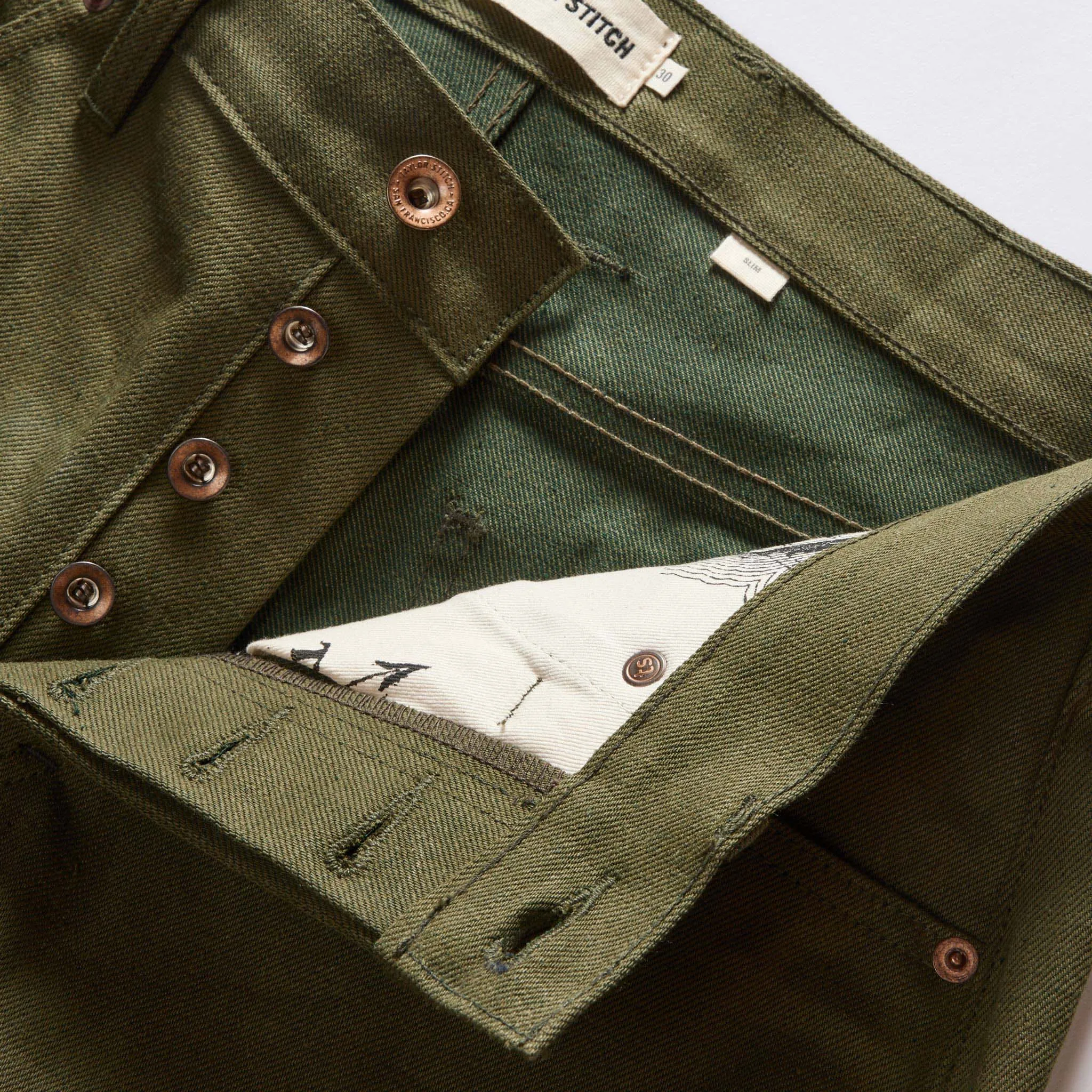 The Slim Jean in Olive Nihon Menpu Selvage