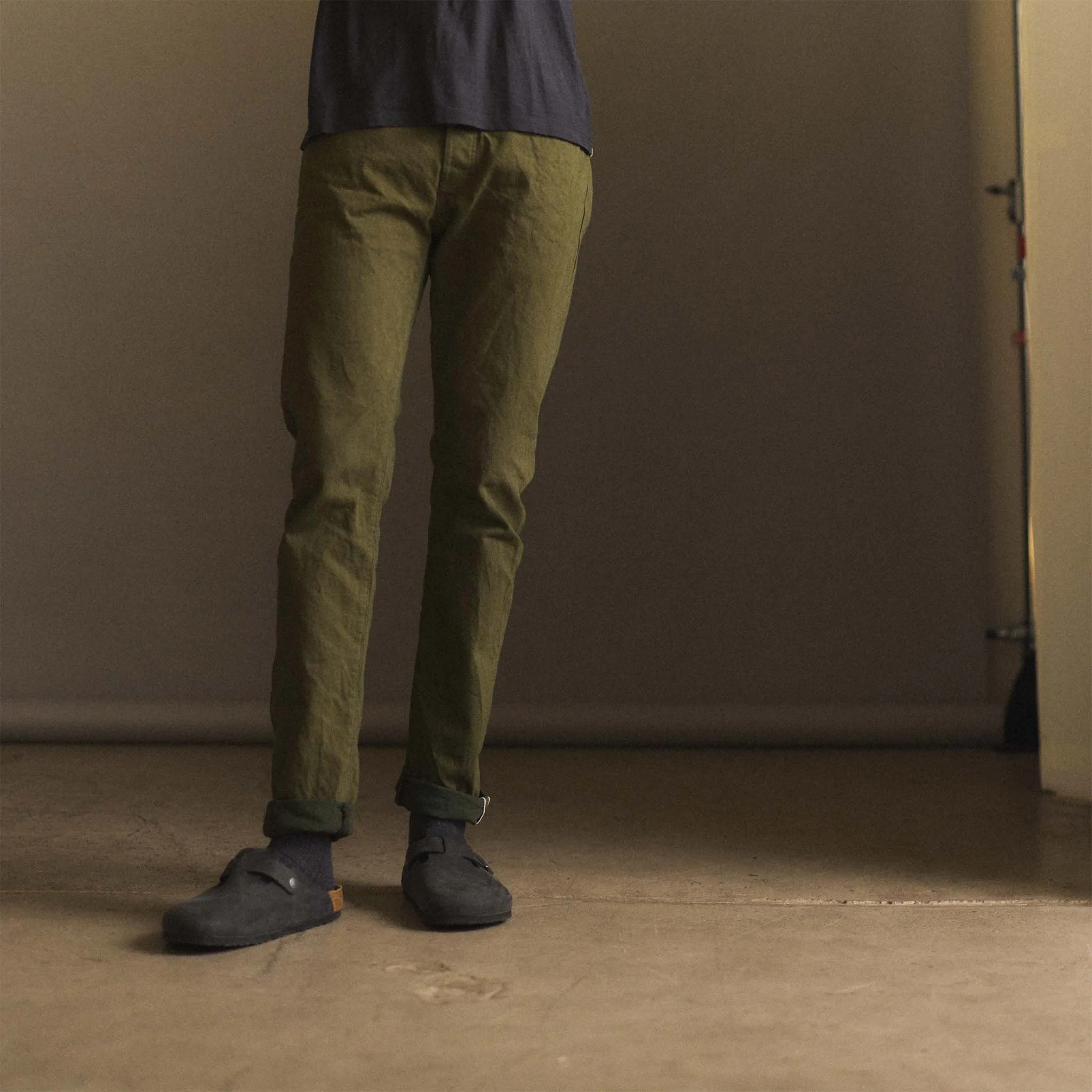 The Slim Jean in Olive Nihon Menpu Selvage