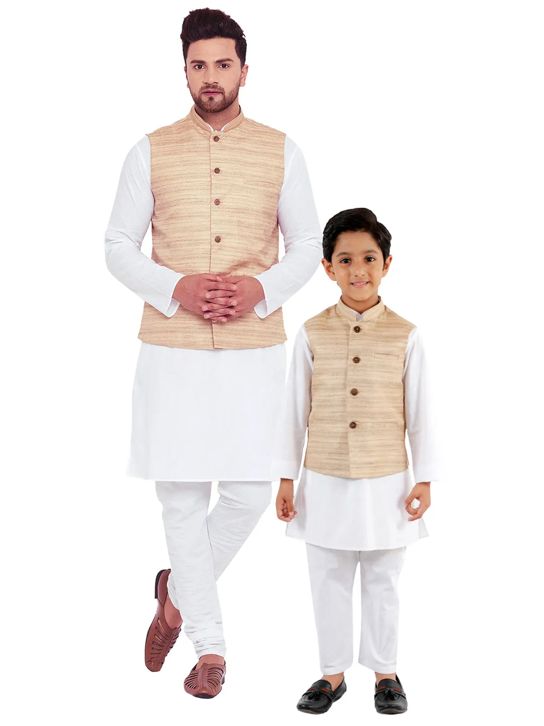 VASTRAMAY Beige Cotton Silk Nehru Jacket & White Kurta Pyjama Baap Beta Set